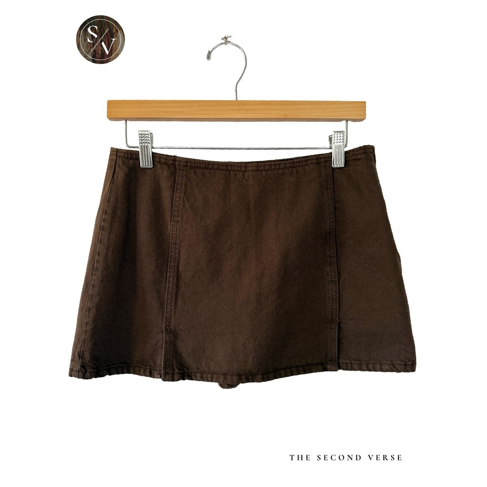 Stradivarius Brown Denim Mini Skort Womens M Academia Minimalist Fall - Picture 2 of 10